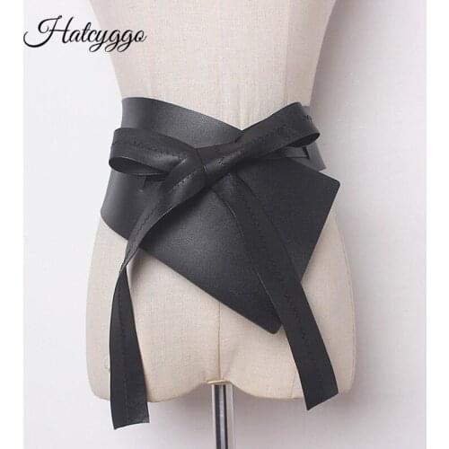 HATCYGGO Leather Belts For Women Wide Cummerbunds Lrregular Lace Up Bow Waist Belt Female Black Tunic Belts Adjustable Waistband