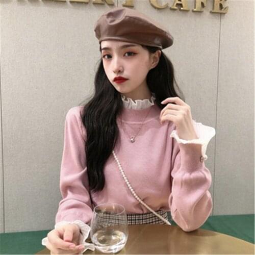 2020 Sweater Women Pullover Knitted Jumper Long Sleeve Lace Patchwork Autumn Winter Girls Female Ladies Basic Sweater Pull Femme