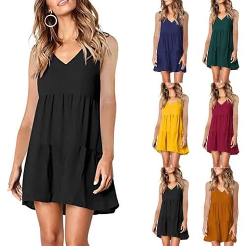 Female Dress, Summer Solid Color V-Neck Sleeveless Ruffled Loose Basic Dresses for Adults Women 2021