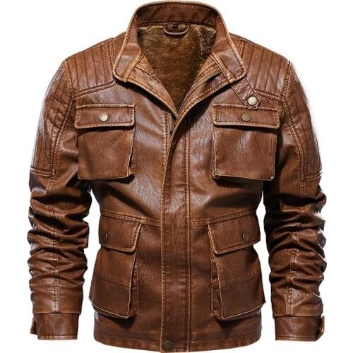 Winter Fashion Men Leather Jackets Fleece Thick Jackets and Coats Multi-pocket Motorcycle PU Leather Jacket Men Plus Size L-5XL