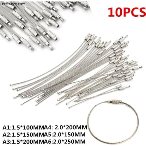10Pcs 10/20/25cm Keychain Tag Rope Stainless Steel Wire Cable Loop Screw Lock Gadget Ring Key Keyring Circle Camps Hanging Tool