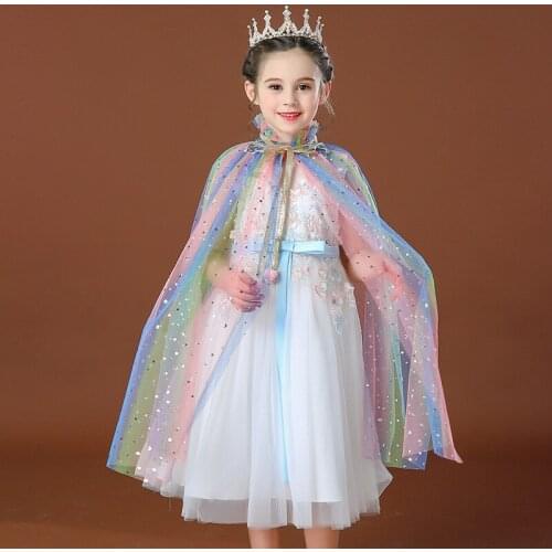 11 Color Girls Sequin Mesh Cloak Fronzene Slow Queen Elsa Anna Princess Birthday Wedding Party Dress Cape Bolero Cosplay Costume
