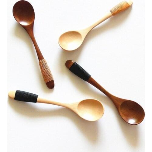 13.5cm Natural baby spoon small wooden dessert spoon anti slip winded handel wood spoons wholesale