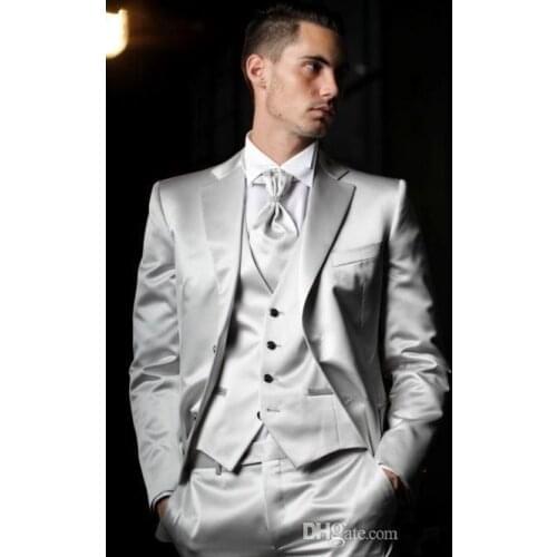 2017 Latest Coat Pant Designs Italian Sliver Grey Satin Men Suits Slim Fit Tuxedo 3 Piece Custom Groom Prom Suit Terno Masculino