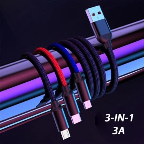 3 IN 1 Multi USB Cable USBC Charging Cord for Samsung Xiaomi Android Mobile Phone 3In1 Multiple Micro USB Type C Kabel 3A Cabel