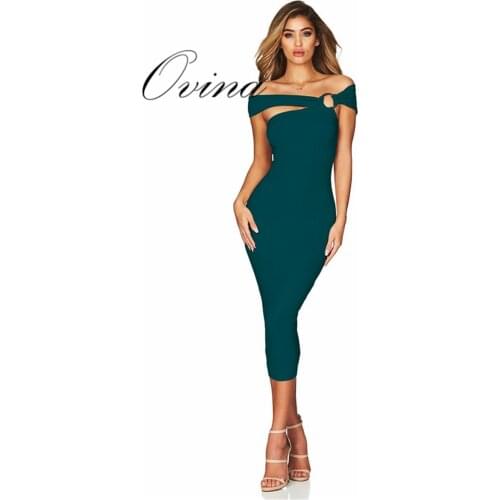 4 Color Celebrity Women Dresses Slash Neck Mid Calf Rayon Bandage Dress Chic Party Dress