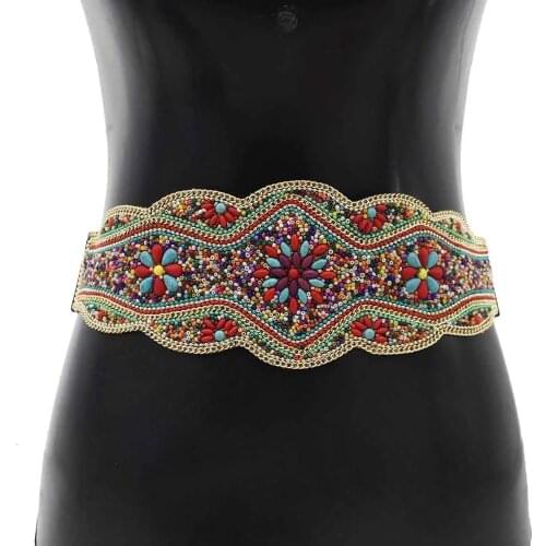 Ethnic Beads Wide Waist Belts chain For Women Elastic Leather Stone Stretchy Corset Waistband Belly Body Chain Gypsy Indian Jew