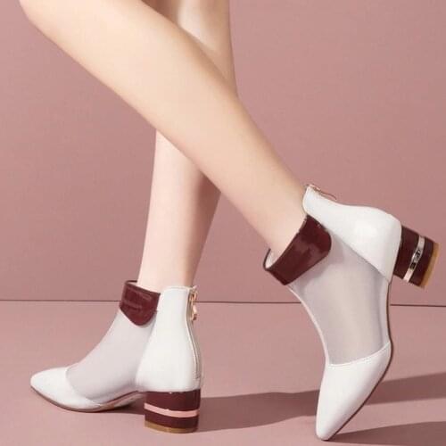 2021 Fashion Mesh Boots Woman Summer Shoes Women Mid Heels Sandals Boot Pointed toe Mixed color Footware Female BEIGE BLACK