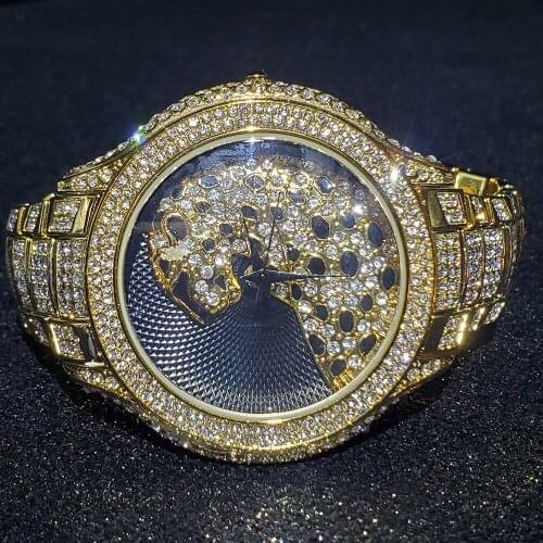 Hip Hop MISSFOX Black Leopard Mens Watches 18K Gold Quartz Watch Stainless Steel Bracelet Shiny Fashion Luxurious Wrist Watch