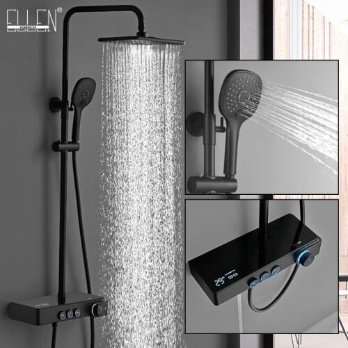 ELLEN Rainfall Shower Set Intelligence Temperature Digital Display Black Bathroom Shower System Black Bath Faucet ELS107