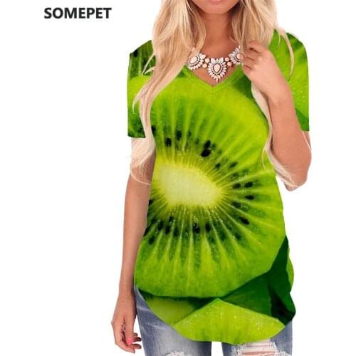 SOMEPET Kiwi T Shirt Women Fruit Funny T shirts Green Shirt Print Harajuku V-neck Tshirt Womens Clothing Fashion Cool Streetwear