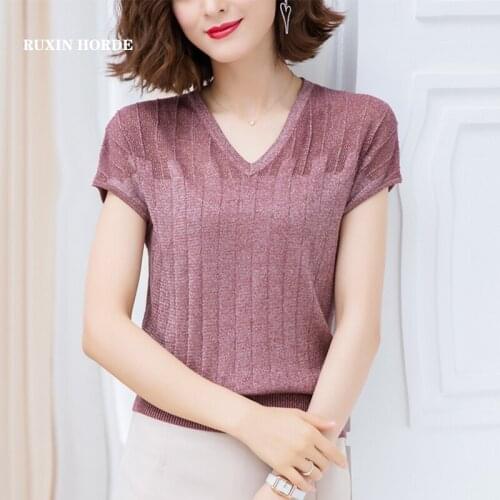 V-Neck Tees Hot Style Lady Half Sleeve 2021 Summer Thin Section Ice Silk Knitwear Cultivate OneS Morality Short Sleeve T-Shirt