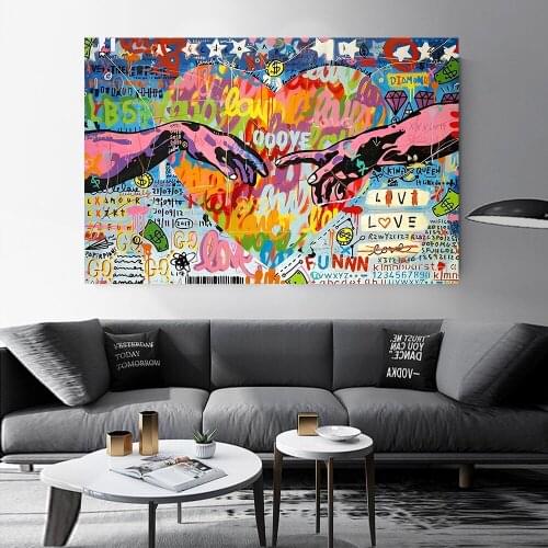 Graffiti Wall Art Creation of Adam Canvas Paintings Hand of God Posters and Prints on The Wall Pictures for Living Room Decor