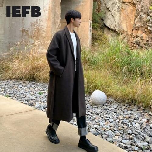 IEFB Autumn Winter Mens Woolen Coat 2021 New British Over Knee Tweed Coat Korean Trend Thickened Mid Length Coats With Belt