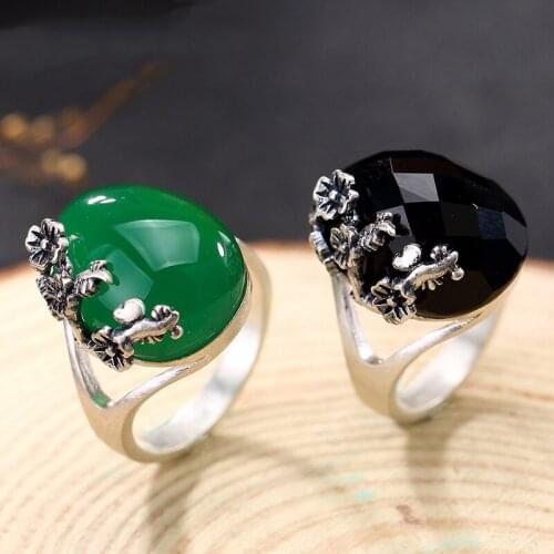 990 Sterlin Silver color Women Noble Black Chalcedony Dress Rings Handmade Engraved Plum Flower Finger Ring Bijoux Fine Jewelry