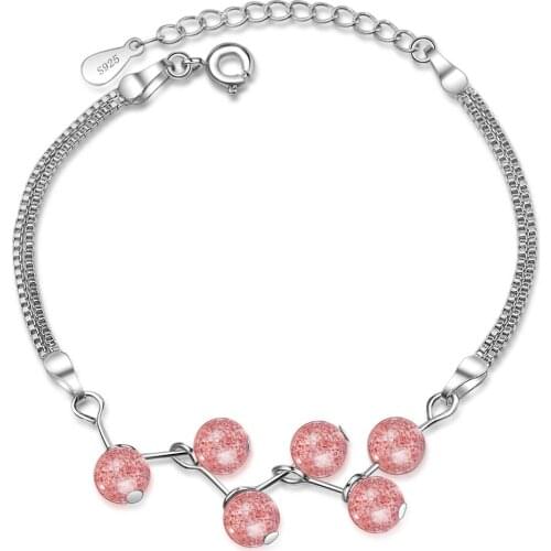 Fashion Pink Natural Strawberry Crystal Beads Adjustable Bracelets for Women Female Mori Girls 925 Sterling Silver Jewelry SB124