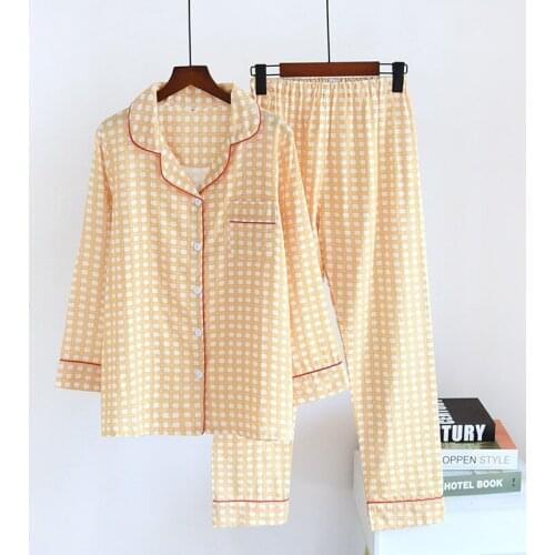 Mens and womens cotton plaid pajamas spring summer and autumn long-sleeved trousers, double-layer gauze thin couplerobe sets