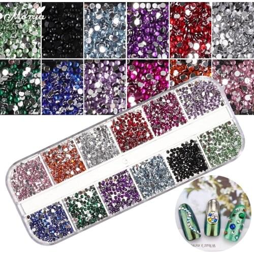 Monja 2mm 12 Gird/Box Nail Art Flat Back Glitter Rhinestone 3D DIY Charm Round Rhinestone Decorations Accessories Manicure Too