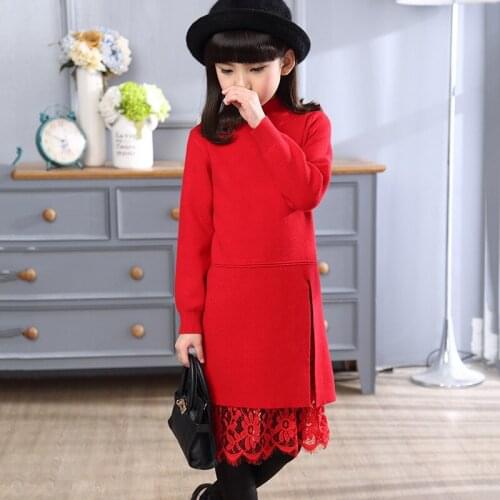 New girls winter sweater dress lace stitching split long section high collar sweater girls long sleeve party dress