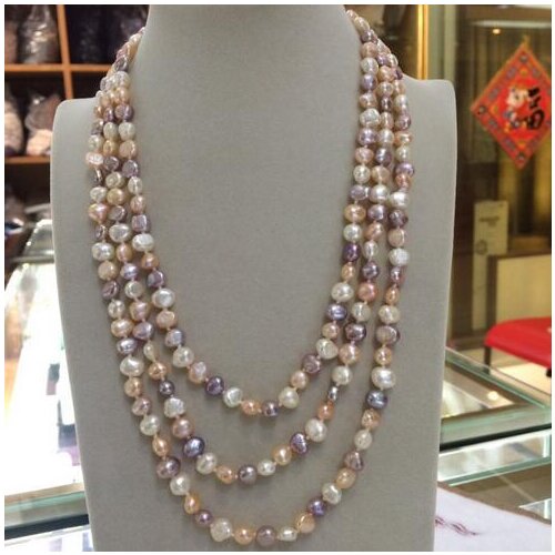 White rose purple genuine natural freshwater pearl necklace 7-8mm baroque 50 '' long sweater ch>>> women jewerly Free shipping