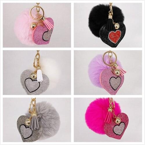 Pompom Keychain Rhinestone Heart Womens Bags Key Ring Handmade Accrssories Keychains Pendants Charming Suspension Decoration