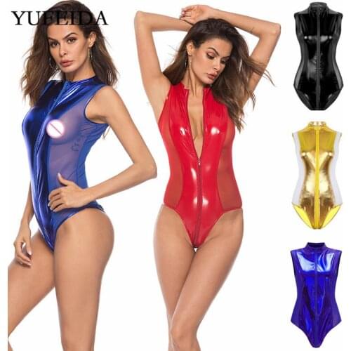 Sexy Women Bodysuit Bodycon Jumpsuit Mesh PU Leather WetLook Latex Catsuit Zipper Crotch Teddies Erotic Dance Clubwear One Piece
