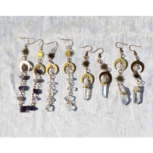 Natural Amethyst Sun Moon Quartz Earrings Raw Crystal Earrings Handmade Colorful Crystal Hairpin Jewelry Wicca Gift