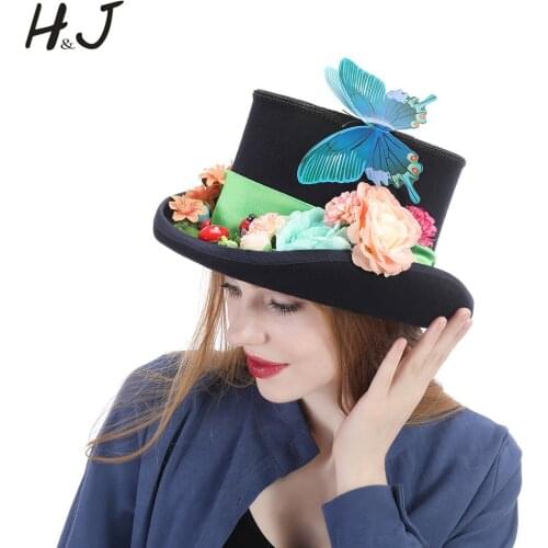 100% Wool Black Women Steampunk Top Hat With Handmade Garden Novelty Feather Fedora Cosplay Hat Top 13.5CM 4 Size