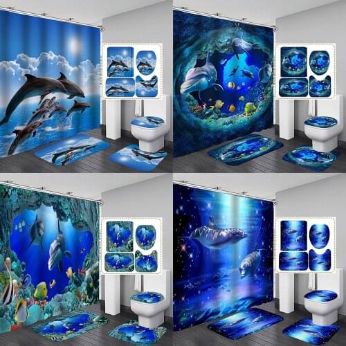 Ocean Animal Dolphin Fish Polyester Waterproof Shower Curtain Bathroom Curtains Set Non-Slip Rug Toilet Lid Cover Bath Floor Mat