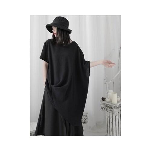 Women Black Irreuglar Big Size Long T-shirt New Round Neck Three-quarter Sleeve Fashion Tide Spring Summer 2020 1U364