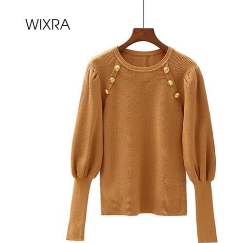 Wixra Womens Vintage Sweaters New Fashion O-Neck Buttons Puff Sleeve Autumn Winter Pullovers Tops Femme Knitted Jumpers