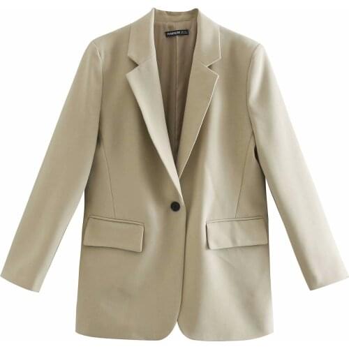 Women Blazer Za Fashion 2021 Office Lady Single Button Slid Long Blazer Loose Oversized V Neck Jackets Mujer Spring Blazer