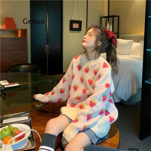 Autumn Winter Long Sleeve Women Casual Pullover Hot Sale Korean Knitted Jumper Female Strawberry Knitted Kawaii Sweater