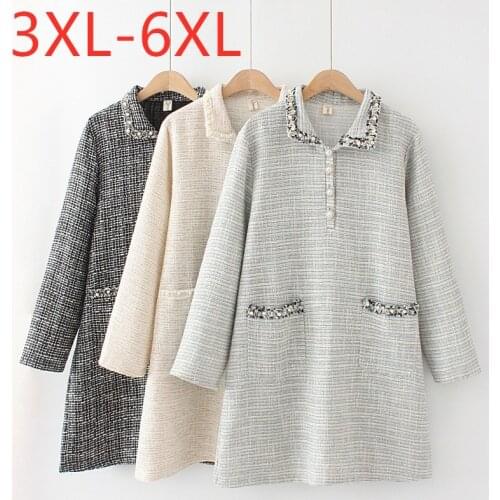 New 2020 ladies autumn winter plus size mini dress for women large long sleeve loose straight blue pocket dress 3XL 4XL 5XL 6XL
