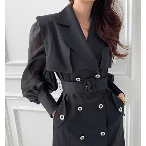 Women Dress 2021 Early Autumn French Retro Suit Collar Mesh Lantern Sleeve Stitching Loose Double Breasted Vestidos