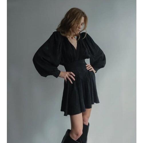 Sylcue College Style Black Print Elegant Puff Sleeve Mini Dresses For Women Winter Casual Streetwear Party Pleated Dress Female