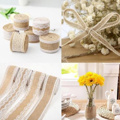 2M/Roll Jute Burlap Lace Hessian Linen Rustic Vintage Wedding Ribbon With Lace Jute Roll For Gift Wedding Decor Party Supply