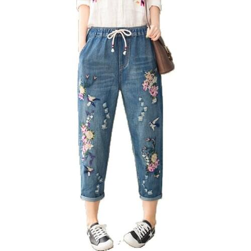 2021 Women Harem Jeans Elastic Waist Summer Floral Embroidery Chinese Style Denim Pant Lady Casual Loose Calf Length Pants M-3XL