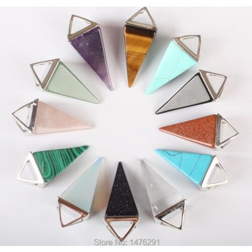Free shipping 2015 Hot Sale Mixed Natural Stone Triangle Cone Silver Plated Charms Pendant 1PC