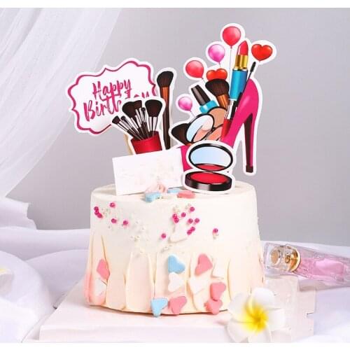 6pc Happy Birthday Cake Topper girl high heels Lipstick Cupcake toppers for wedding birthday party Dessert Decoration Cake gift