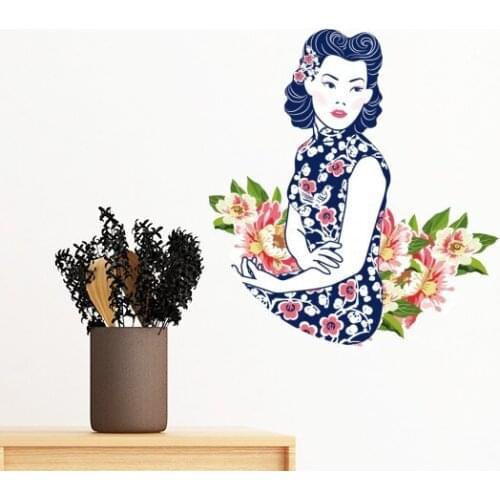 Chinese Culture Blue Flower Woman Removable Wall Sticker Art Decals Mural DIY Wallpaper for Room Decal