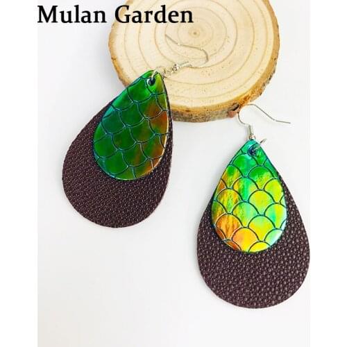 M&G Glitter Double Layers Glitter PU Leather Earring Zebra Fish Scales Water Drop Earring Fashion Jewelry Women Accessories Gift