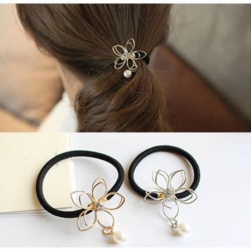 Fashion Women Girls Line Pearl Flower Hair Band Ponytail Holder Elastic Rubber Band Hair Rope Hair Accessories Headdress Woman