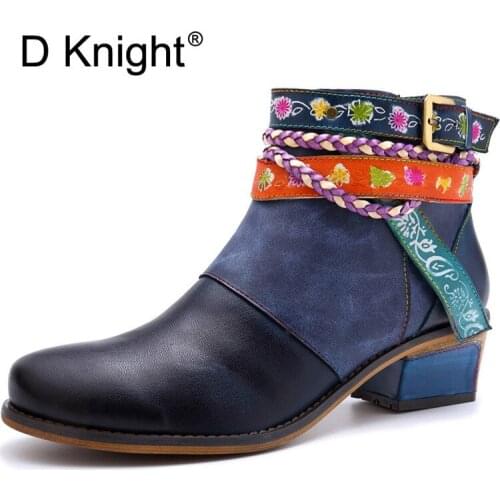 Vintage 2021 New Genuine Leather Women Chelsea Boots Ankle Strap Zipper Bohemia Ladies Shoes Woman Flower Heels Western Boots