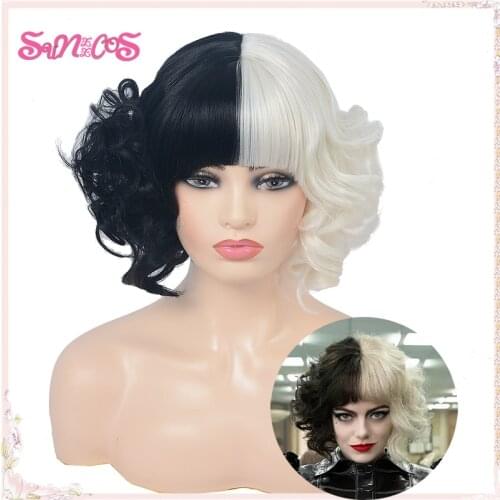 New Cruella Wigs CRUELLA de Vil Short Black White Have bangs Hair Deville Heat Resistant Synthetic Wigs Halloween Free Wig Cap