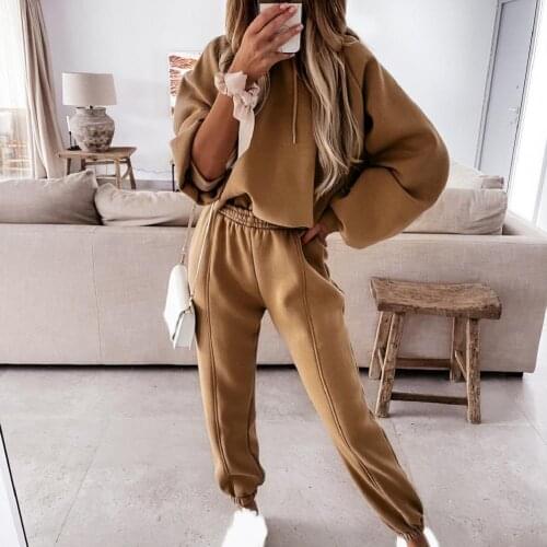 Solid Color Two Pieces Set Women Tracksuit 2021 Autumn Winter Womens Sets Oversized Hooded Sweatshirt Sports Pants Lady Suits