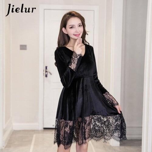 Jielur Autumn Gothic Black Lace Vestido Femme V Neck Comfortable Slim Sexy Vestidos Pure Color Basic Winter Dress Women
