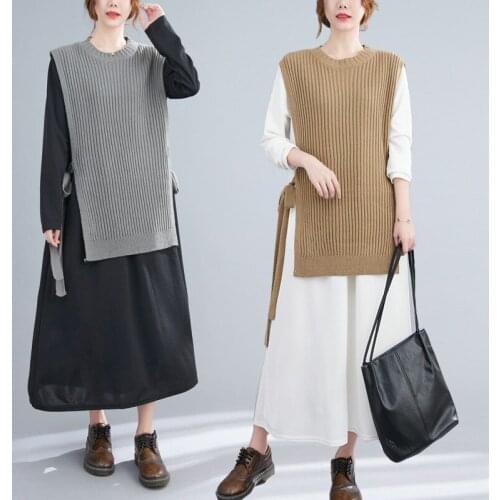 2021 Autumn Two Piece Dress Pit Strip Lace Up Solid Color Knitted Vest Long Sleeve Round Neck Long Dress Loose Fashion Suit N246