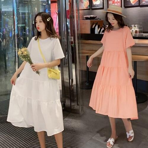 511# Maternity Dress Summer Solid Color O Neck Cotton Short Sleeve Loose Stylish Dress for Pregnant Women Mom Dress