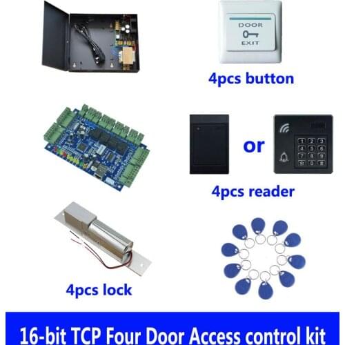 RFID card access control kit,TCP/IP four door access control+powercase+bolt lock+ID reader+exit button+10 ID tag,sn:kit-B402